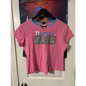 Common Threads Pink I Make The Rules y2kTee Blue Ringer V-Neck Shirt Medium